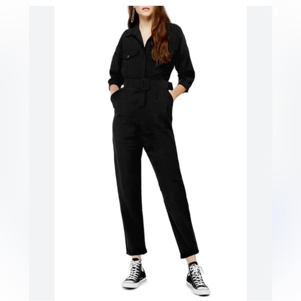Top Shop Denim Belted Button Up Black Long Sleeve Utility Suit | Size 4